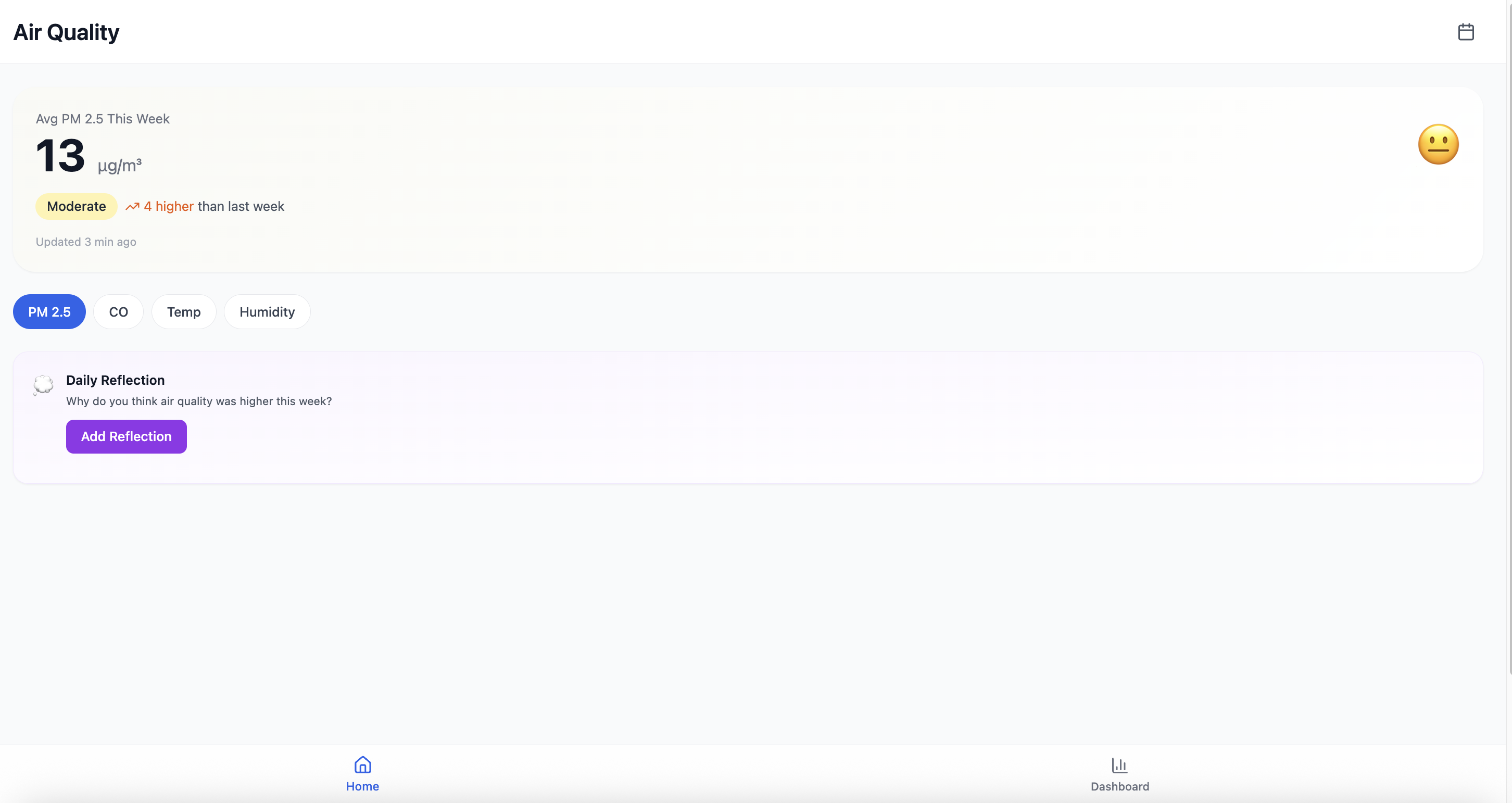 V0 app - Air Quality home, PM2.5 13 μg/m³, Moderate badge, Daily Reflection prompt