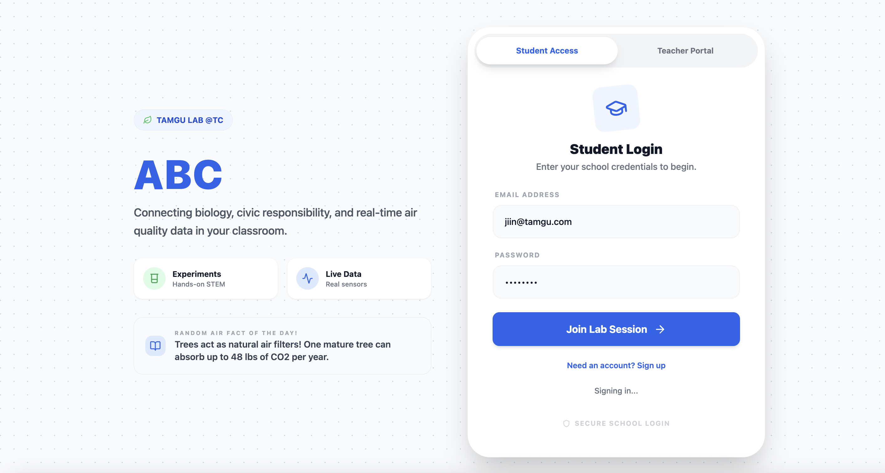 V3 Login - ABC landing page with Student Access / Teacher Portal toggle, Student Login form