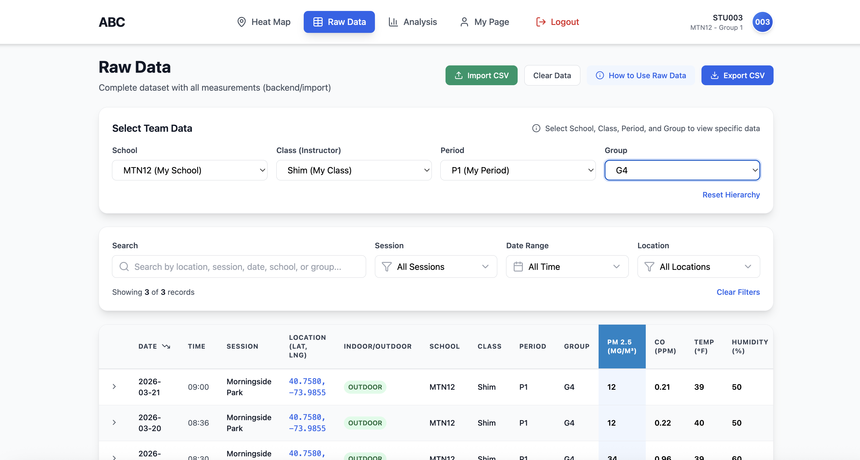 V3 Raw Data - Morningside Park measurements, G4 filter, 3 records shown
