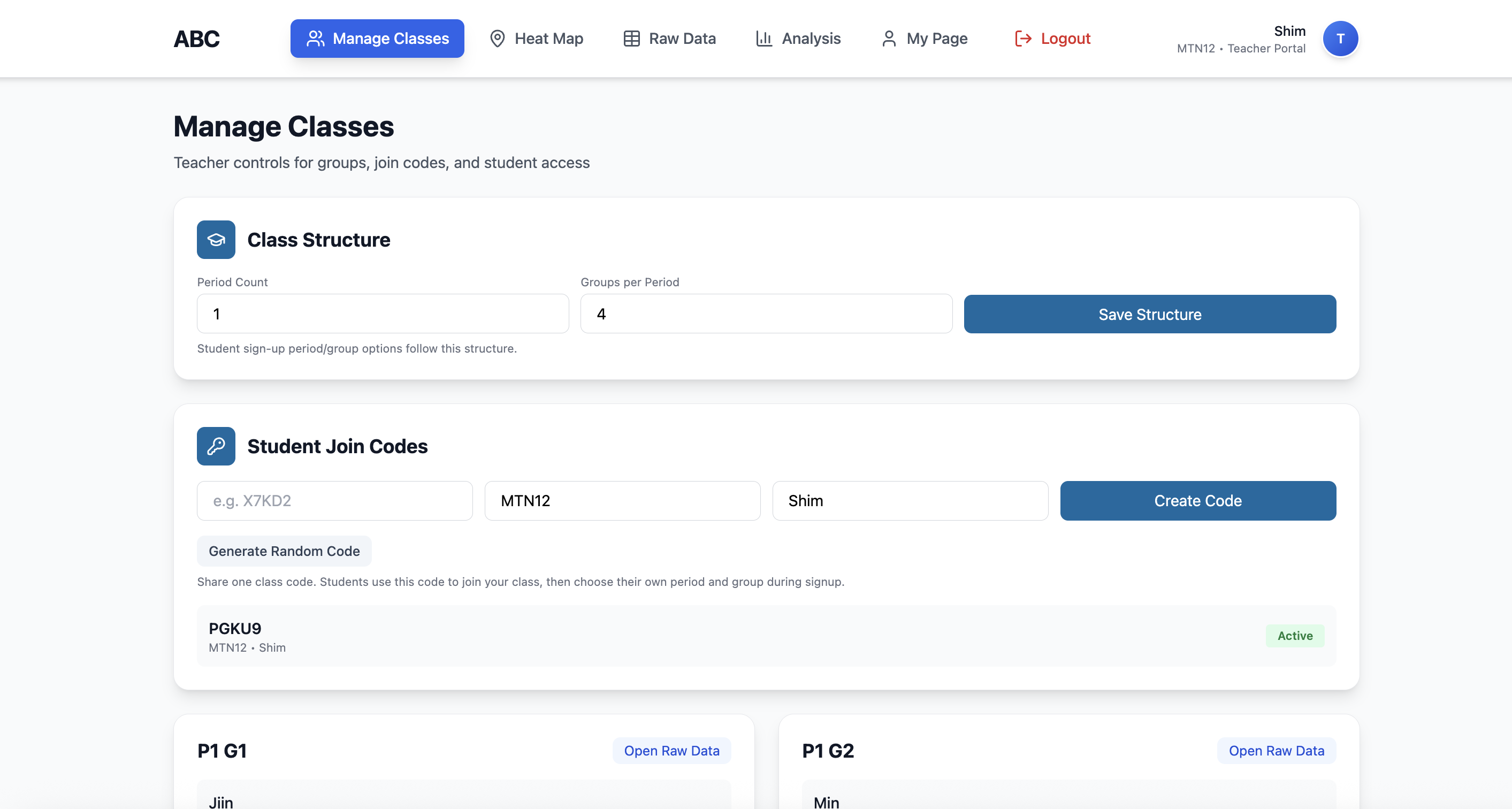 V3 Teacher view - Manage Classes, Join Code PGKU9, class structure, student groups P1 G1/G2