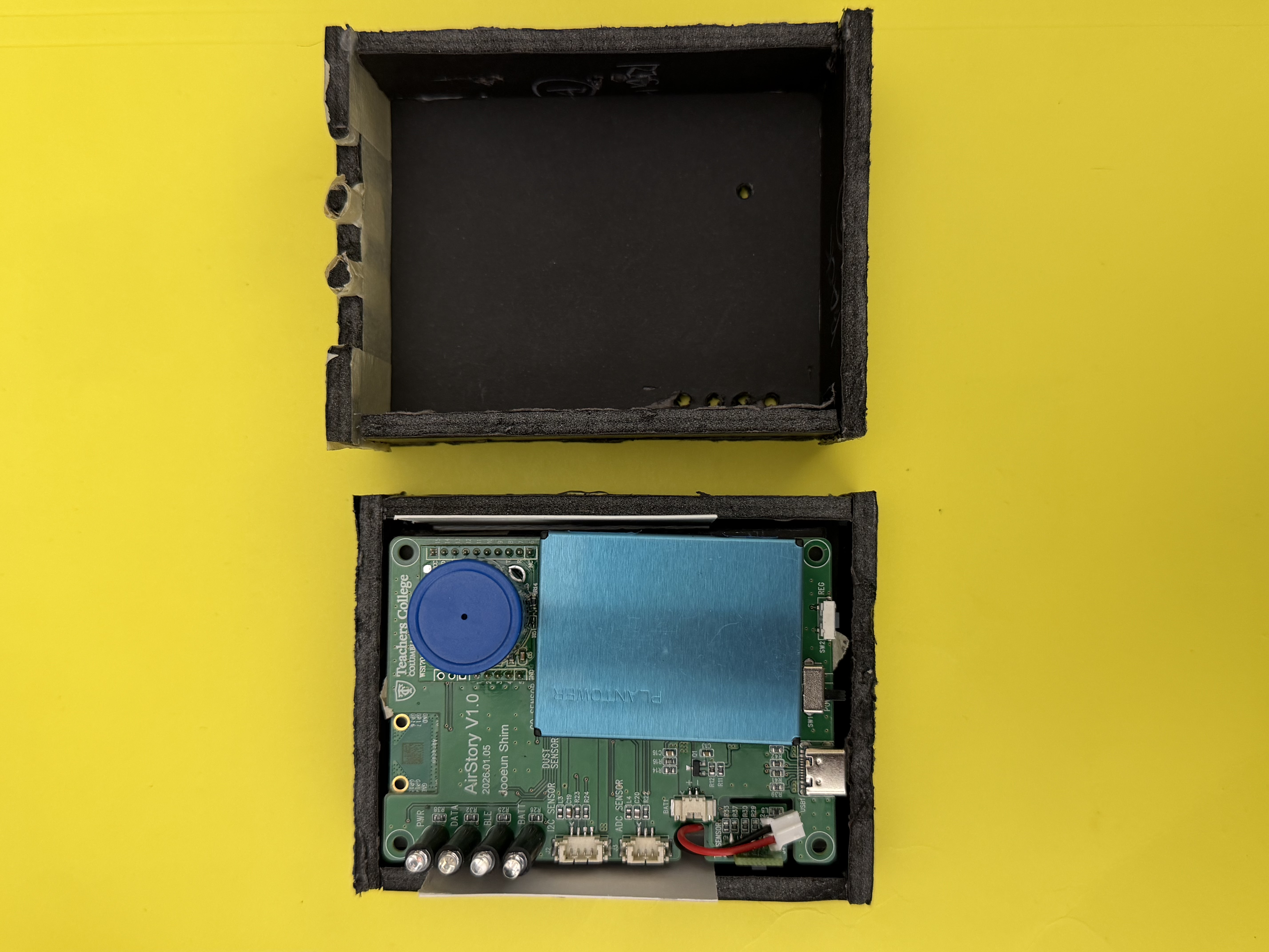 Foam case open showing PCB board